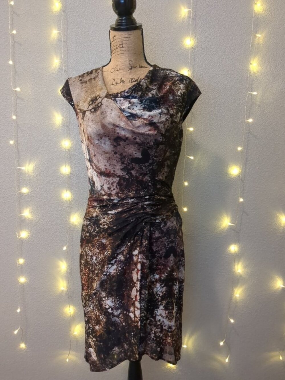Helmut Lang Silk Abstract Gravel Print Asymmetric-Drape Cowl Faux Wrap Dress 6